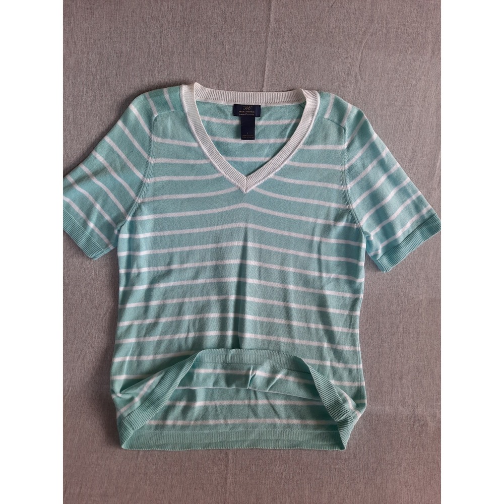 346 Brooks Brothers Women's Large Stripe Knit V-Neck Top Blouse SS Supima Cotton